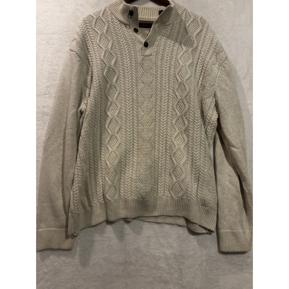 Ralph Lauren Chaps Sweater‎ Men's XXL Beige Cotton Cable Knit Mock Neck Henley
